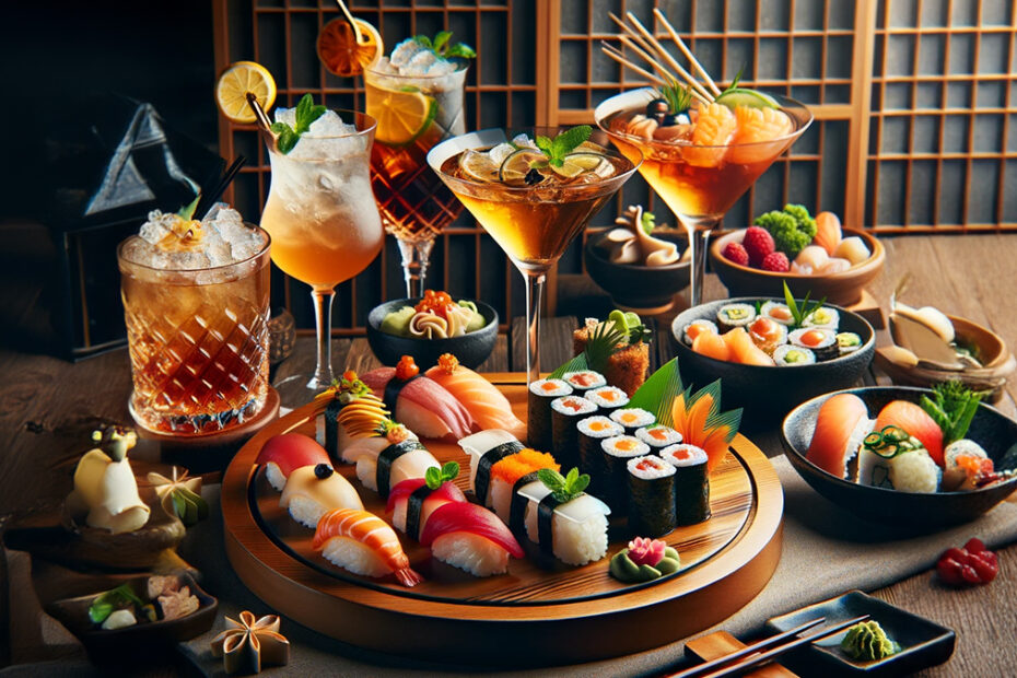Plato de sushi y cócteles en un restaurante japonés, surtido de platos deliciosos.