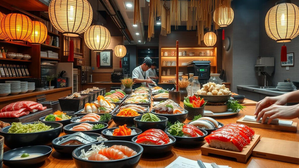 Restaurante de sushi con linternas y chefs preparando deliciosos platos.
