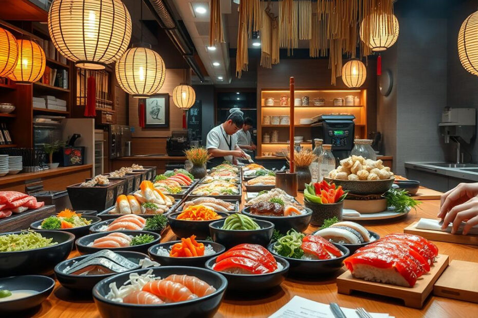 Restaurante de sushi con linternas y chefs preparando deliciosos platos.