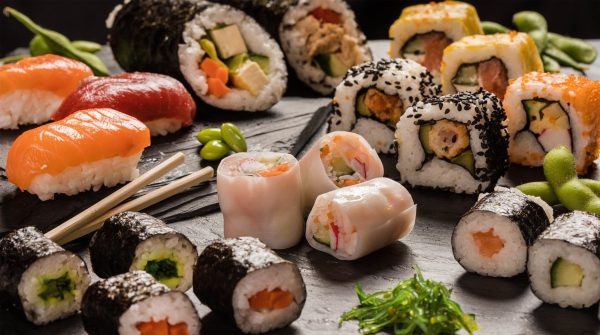 Uma variedade de sushi em uma bandeja preta, com pauzinhos e wasabi