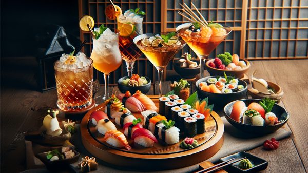 Prato de sushi e coquetéis em um restaurante japonês, variedade de pratos deliciosos.