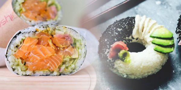 Burritos de sushi e donuts de sushi, uma culinária de fusão criativa.